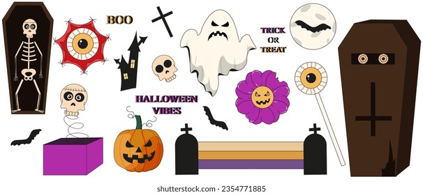 Big set of Cartoon Halloween Sticker isolated on white background. Collage of Halloween symbol and elements. Collection of Trendy Groovy Retro creepy icon. Vector illustration.