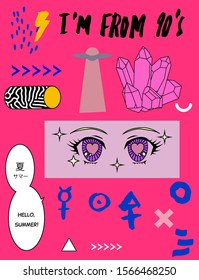 Big set of cartoon hand drawn icons for patches, stickers and fashion bages in retrofuturistic 80s-90s vaporwave aesthetics design. Japanese text in speech bubble means "Summer".