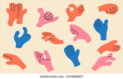 Big set of cartoon hands showing different gestures. Flat design, cartoon, vector illustration. All elements are isolated.