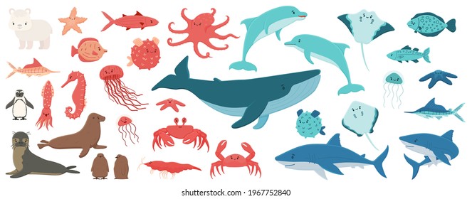 Big set of cartoon isolated sea ocean north animals. Doodle vector whale, dolphin, shark, stingray, jellyfish, fish, stars, crab, king Penguin chick, octopus, fur seal, polar bear cub, flat style