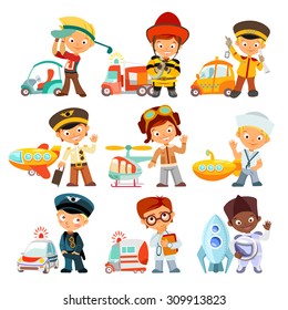 Big set of cartoon kids in various professions with vehicles. Golfer,fireman,taxi driver,aviator,sailor,policeman,doctor,astronaut. Little children in uniform. Vector illustration