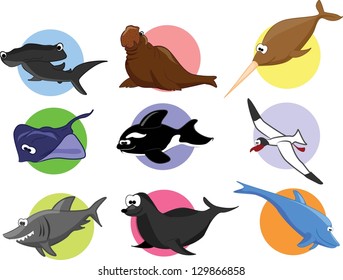 Big set of cartoon marine animals