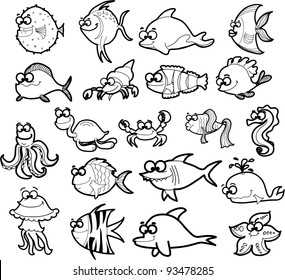 Big set of cartoon marine animals