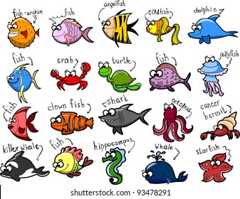 Big set of cartoon marine animals