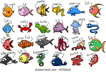 Big set of cartoon marine animals