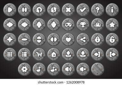 Big set of cartoon material gray metal industrial vector buttons for the game user interface - computer mobile games and web design - Vector.