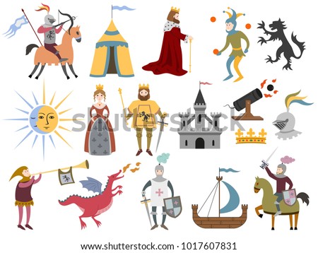 Big set of cartoon medieval characters and medieval attributes on white background. Vector illustration.