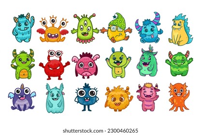 Big set of cartoon monsters. Cute monsters. Kids funny character design for posters, cards, magazins. Vector illustration