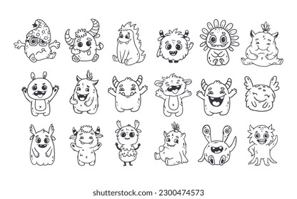 Big set of cartoon monsters. Cute monsters doodle. Kids funny character design for posters, cards, magazins. Line. Vector illustration