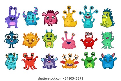 Big set of cartoon monsters. Cute monsters. Kids funny character design for posters, cards, magazins. Vector illustration