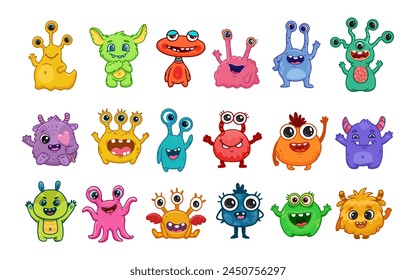 Big set of cartoon monsters. Cute monsters. Kids funny character design for posters, cards., magazins. Vector illustration
