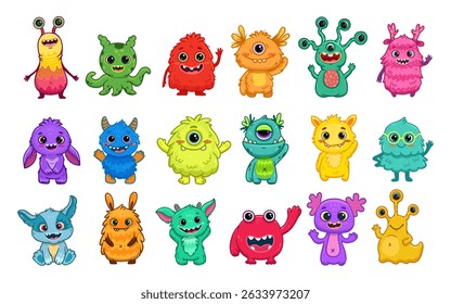 Big set of cartoon monsters. Cute monsters. Kids funny character design for posters, cards., magazins. Vector illustration
