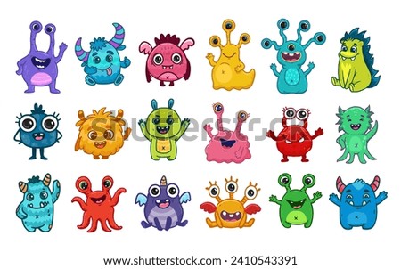 Big set of cartoon monsters. Cute monsters. Kids funny character design for posters, cards, magazins. Vector illustration