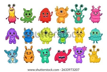 Big set of cartoon monsters. Cute monsters. Kids funny character design for posters, cards., magazins. Vector illustration
