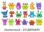 Big set of cartoon monsters on white background. Cute monsters. Kids funny character design for posters, cards., magazins. Vector illustration
