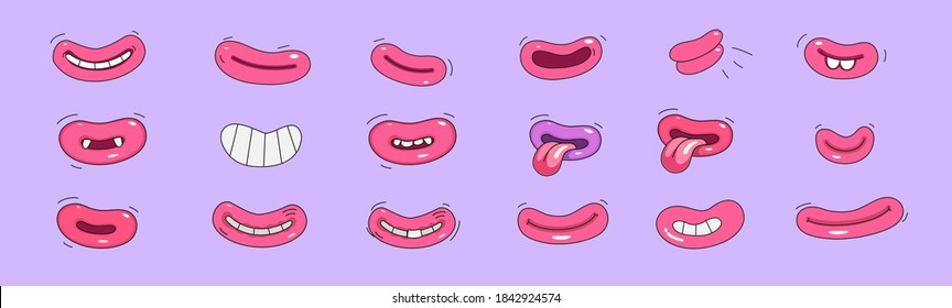 Big set of cartoon mouths and smiles. Painted style, illustration with outline. Vector illustration.