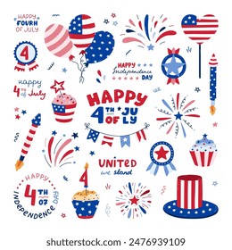 Big set with cartoon national symbols of American Independence day. Cute fireworks, Uncle Sam hat, medal, cupcake, balloons, flag, lettering, etc. Hand drawn patriotic signs for 4th July celebration.