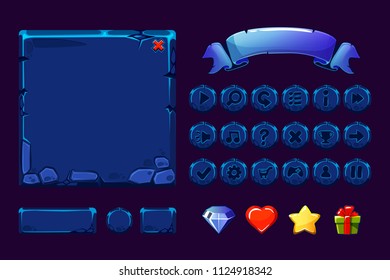 Big set Cartoon neon blue stone assets and buttons For Ui Game, vector GUI icons