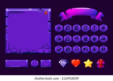 Big set Cartoon neon purple stone assets and buttons For Ui Game, vector GUI icons