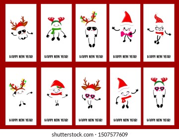 Big Set of cartoon New Year characters. in a Christmas hat. Reindeer horns. Christmas card. White background. 2020