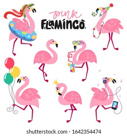 Big set of cartoon pink flamingos. Collection of tropical birds. Summer vector illustration with funny animals for children's books, print, fabric, poster, postcard.