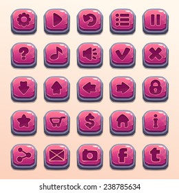 Big set of cartoon pink stone vector buttons for game UI
