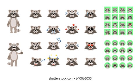 Big set of cartoon raccoon emoticons. Raccoon avatars showing various facial expressions. Happy, sad, angry, surprised, tired, dazed, sleepy, serious and other emotions. Simple vector illustration