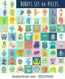 Big set of cartoon robots, hand drawn vector illustrations