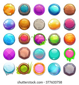 Big set of cartoon round buttons, vector gui assets collection for game design