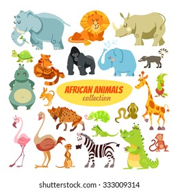 Big set of cartoon safari animals and birds:elephant,lion,rhino,turtle,tiger,gorilla,hippo,giraffe,ostrich,flamingo,alligator,zebra,monkey. Icon set isolated on white