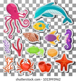 Big set of cartoon sea animals stickers on deep bottom background with octopus, dolphin, fish, seahorse, seashell, coral on transparent background