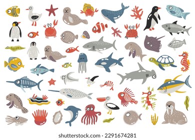 Big set of cartoon sea animals for kids. Stickers, cards, invites and posters. Isolated on white background. Inhabitants of the sea world. Cute underwater creatures dolphin, ocean crabs, sea turtle