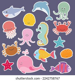 Big set cartoon sea characters animals. Collection ocean creature wildlife and fish. Vector illustration.