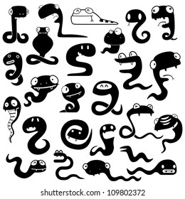 big set of cartoon snakes silhouettes for use in design, etc.