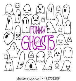 Big set of cartoon spooky scary ghosts character, hand-drawn ghosts with various expressions, funny night symbol for halloween celebration, isolated, EPS 8