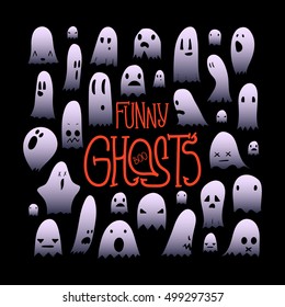 Big set of cartoon spooky scary ghosts character, hand-drawn ghosts with various expressions, funny night symbol for halloween celebration, isolated, EPS 10
