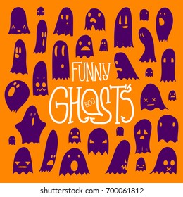 Big set of cartoon spooky scary ghosts character, hand-drawn ghosts with various expressions, funny night symbol for halloween celebration, isolated square frame, EPS 8