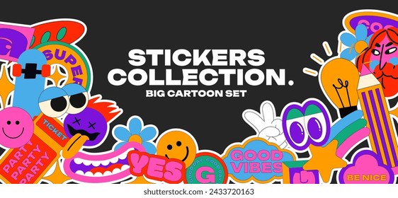 Big set cartoon stickers in 90s retro groovy style. Doodle drawings, characters, elements, shapes. Various patches, labels, tags, stickers, stamps. Vector set, trendy promo labels