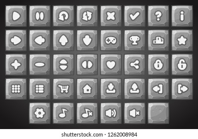 Big set of cartoon stone or rock material vector buttons for the game user interface - computer mobile games and web design - Vector.