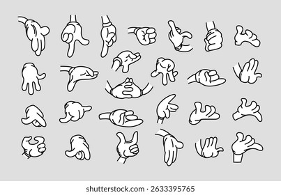 Big set of cartoon style hands. Groovy 60s and 70s. Gesturing. Fist and arm. Poses. Retro and vintage. Hippie character. Comic elements. Cute finger. Expressive gloved. Psychedelic. Editable stroke