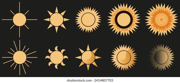Big set cartoon Sun isolated on black background. Collection Sun in trendy Geometrical style. Simple weather element. Vector illustration. EPS 10