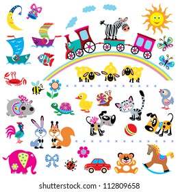 big set with cartoon toys,vector images for babies and little kids,simple pictures isolated on white background,children illustration