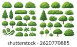 Big Set of Cartoon Trees, Bushes, and Plants in Vector Style. Includes a wide range of stylized green foliage, coniferous and deciduous trees, flowering bushes, shrubs, and garden plants. Ideal for 2D