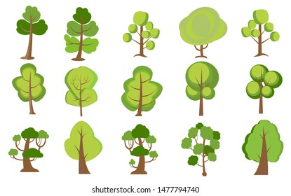 Big set of cartoon trees for creation of city park landscape. Green plants vector isolated icons for vegetation spring and summer forest are shown. 