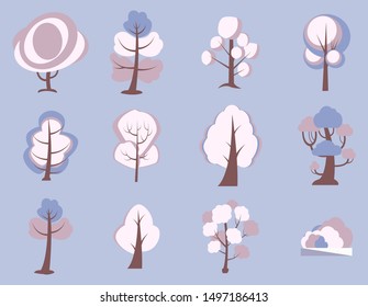 Big Set Of Cartoon Trees. White, Purple, Pink Plants With For Vegetation Winter Backyard Landscape Wood. Nature Snowy Forest Lumber Tree Park Vector Isolated Icons