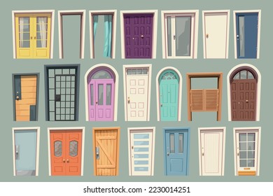 big set cartoon various doors front view