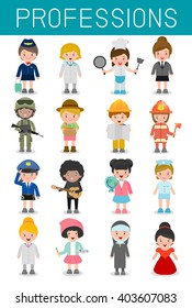 big set of cartoon vector characters of different professions isolated on white background, professions for kids, children profession, different people professions characters set, kids profession