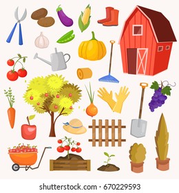 Big set cartoon vector farm elements and ecology gardening background