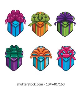 Big set with cartoon vector gift boxes and bow on them