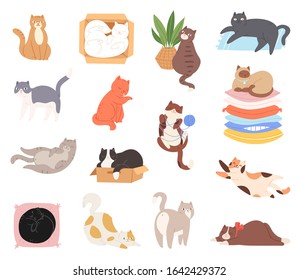 Big set, cartoon vector illustration of cute funny cats sitting, playing, lying, stretching. Collection of adorable pretty purebred pet animals hand drawn in cartoon style on white background